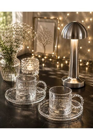 Elieldam Doğum Günü, Özel Gün, Yeni İş, Yeni Ev Hediyesi Boncuk Kulplu Cam Fincan ve Silver Masa Lambası Seti