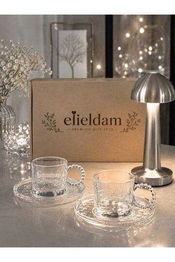 Elieldam Doğum Günü, Özel Gün, Yeni İş, Yeni Ev Hediyesi Boncuk Kulplu Cam Fincan ve Silver Masa Lambası Seti