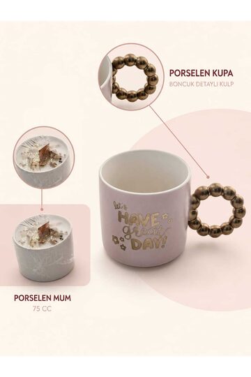 Elieldam Doğum Günü, Özel Gün, Yeni İş, Yeni Ev Hediyesi Boncuk Kulplu Porselen Kupa ve Porselen Kaplı Mum Seti