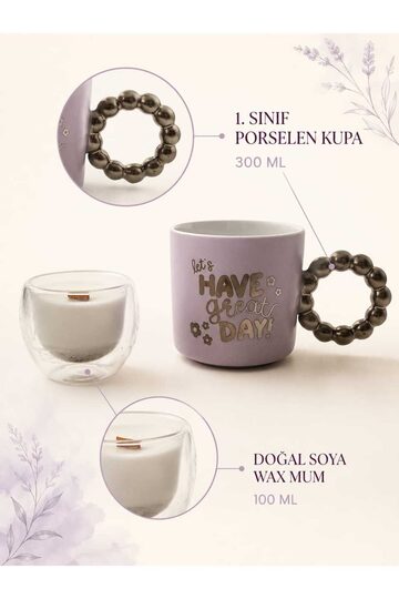 Elieldam Doğum Günü, Özel Gün, Yeni İş, Yeni Ev Hediyesi Boncuk Kulplu Porselen Kupa ve Soya Mum Seti