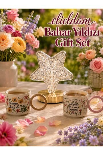 Elieldam Doğum Günü, Özel Gün, Yeni İş, Yeni Ev Hediyesi Çiçek Desenli Porselen Kupa ve Yıldız Masa Lambası Seti