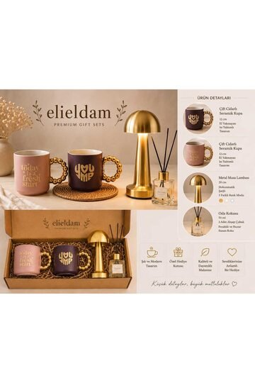 Elieldam Doğum Günü, Özel Gün, Yeni İş, Yeni Ev Hediyesi Çift Cidarlı Seramik Kupa, Metal Masa Lambası ve Oda Kokusu Seti