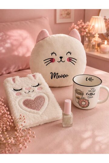 Elieldam Doğum Günü, Özel Gün, Yeni İş, Yeni Ev Hediyesi Coffee Kupa, Peluş Defter, Kedi Yastık ve Oje Seti