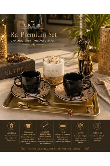 Elieldam Doğum Günü, Özel Gün, Yeni İş, Yeni Ev Hediyesi Doğal Soya Mum, Mısır Temalı Porselen Fincan, Gold Tepsi ve Rattan Vazo Seti