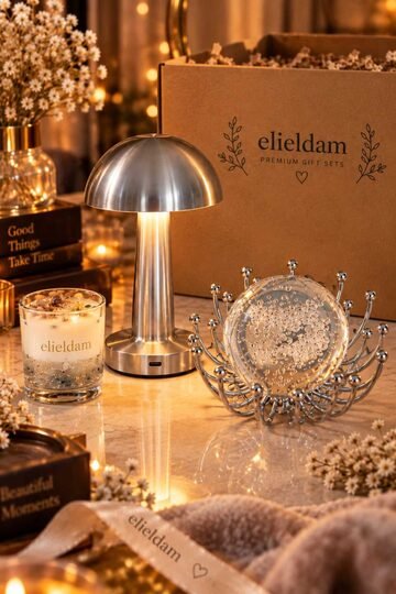 Elieldam Doğum Günü, Özel Gün, Yeni İş, Yeni Ev Hediyesi Doğal Soya Mum, Şarjlı Masa Lambası ve Kristal Dekoratif Obje Seti