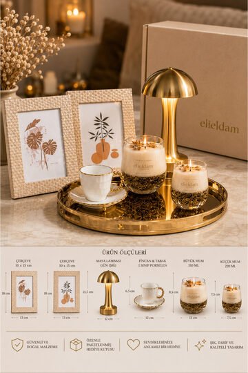 Elieldam Doğum Günü, Özel Gün, Yeni İş, , Yeni Ev Hediyesi; Dokunmatik Şarjlı Masa Lambası, 2li Çerçeve, Fincan ve Soya Mumlu Hediye Seti