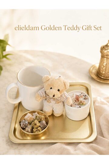 Elieldam Doğum Günü, Özel Gün, Yeni İş, Yeni Ev Hediyesi Gold Detaylı Porselen Kupa, Peluş Ayıcık ve Kuru Çiçekli Mum Seti