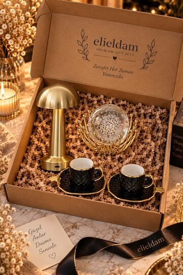 Elieldam Doğum Günü, Özel Gün, Yeni İş, Yeni Ev Hediyesi Gold Kulplu İkili Porselen Fincan, Kristal Obje ve Masa Lambası Seti