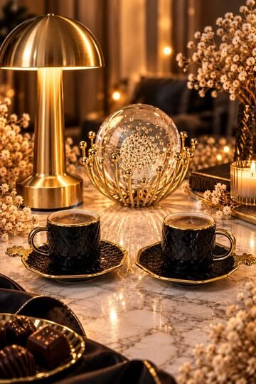 Elieldam Doğum Günü, Özel Gün, Yeni İş, Yeni Ev Hediyesi Gold Kulplu İkili Porselen Fincan, Kristal Obje ve Masa Lambası Seti