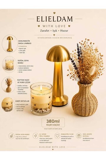 Elieldam Doğum Günü, Özel Gün, Yeni İş, Yeni Ev Hediyesi Gold Masa Lambası, Kalp Motifli Soya Mum ve Rattan Vazo Seti