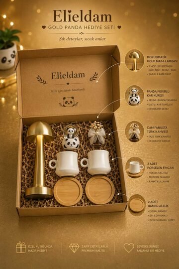 Elieldam Doğum Günü, Özel Gün, Yeni İş, Yeni Ev Hediyesi Gold Masa Lambası, Panda Kar Küresi, Porselen Fincan ve Bambu Altlık Seti
