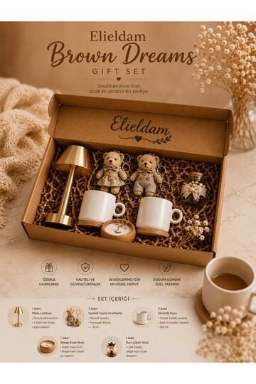 Elieldam Doğum Günü, Özel Gün, Yeni İş, Yeni Ev Hediyesi Gold Masa Lambası, Seramik Kupa, Anahtarlık ve Ahşap Kase Mum Seti