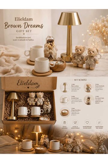 Elieldam Doğum Günü, Özel Gün, Yeni İş, Yeni Ev Hediyesi Gold Masa Lambası, Seramik Kupa, Anahtarlık ve Ahşap Kase Mum Seti