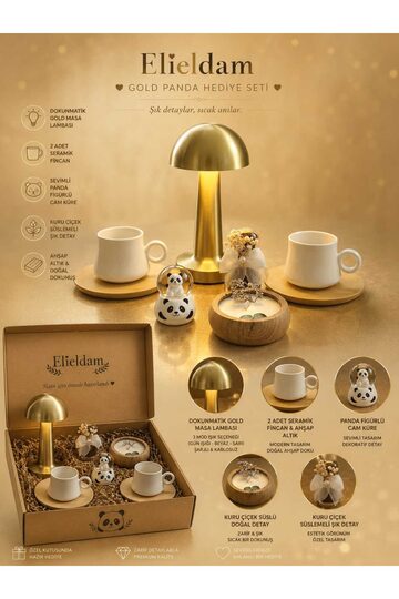 Elieldam Doğum Günü, Özel Gün, Yeni İş, Yeni Ev Hediyesi Gold Panda Masa Lambası ve Fincan Seti