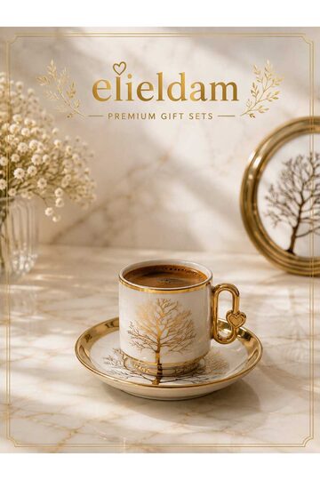 Elieldam Doğum Günü, Özel Gün, Yeni İş, Yeni Ev Hediyesi Hayat Ağacı Motifli Porselen Fincan ve Gold Masa Lambası Seti