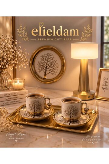 Elieldam Doğum Günü, Özel Gün, Yeni İş, Yeni Ev Hediyesi Hayat Ağacı Motifli Porselen Fincan ve Masa Lambası Seti
