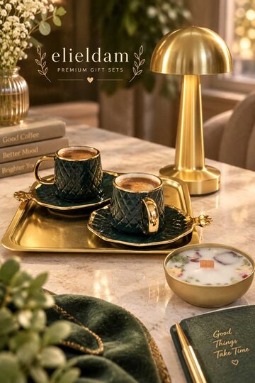 Elieldam Doğum Günü, Özel Gün, Yeni İş, Yeni Ev Hediyesi İkili Porselen Fincan, Altın Sunum Tepsisi, Soya Mum ve Masa Lambası Seti