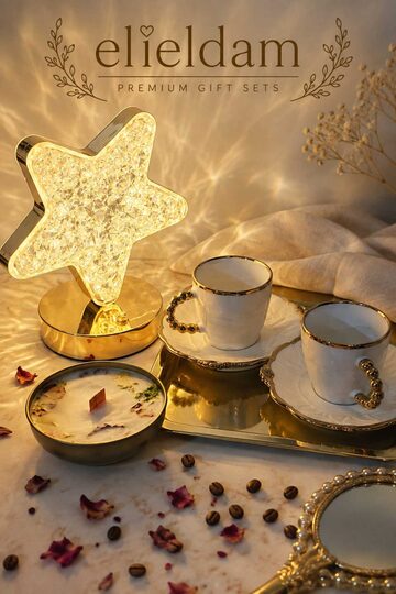 Elieldam Doğum Günü, Özel Gün, Yeni İş, Yeni Ev Hediyesi İkili Porselen Fincan, Kristal Yıldız Masa Lambası, Soya Mum ve Altın Tepsi Seti