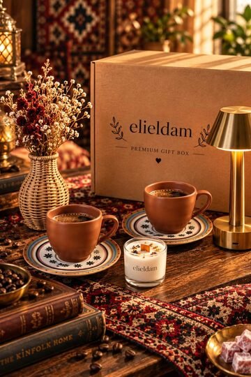Elieldam Doğum Günü, Özel Gün, Yeni İş, Yeni Ev Hediyesi İkili Porselen Fincan, Soya Mum, Masa Lambası ve Rattan Vazo Seti