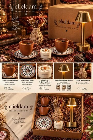 Elieldam Doğum Günü, Özel Gün, Yeni İş, Yeni Ev Hediyesi İkili Porselen Fincan, Soya Mum, Masa Lambası ve Rattan Vazo Seti