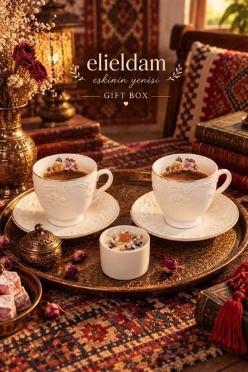 Elieldam Doğum Günü, Özel Gün, Yeni İş, Yeni Ev Hediyesi Kabartma Desenli İkili Porselen Fincan ve Ahşap Fitilli Soya Mum Seti