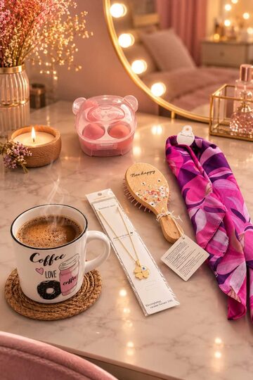 Elieldam Doğum Günü, Özel Gün, Yeni İş, Yeni Ev Hediyesi Kahve Fincanı, Soya Mum, Çelik Kolye, Fular ve Saç Fırçası Seti