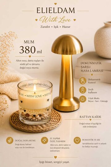 Elieldam Doğum Günü, Özel Gün, Yeni İş, Yeni Ev Hediyesi Kalp Motifli Doğal Soya Mum ve Gold Masa Lambası Seti
