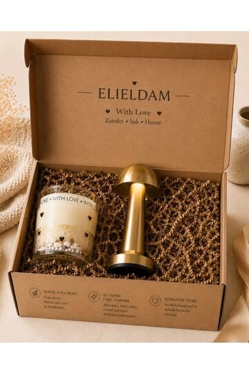 Elieldam Doğum Günü, Özel Gün, Yeni İş, Yeni Ev Hediyesi Kalp Motifli Doğal Soya Mum ve Gold Masa Lambası Seti