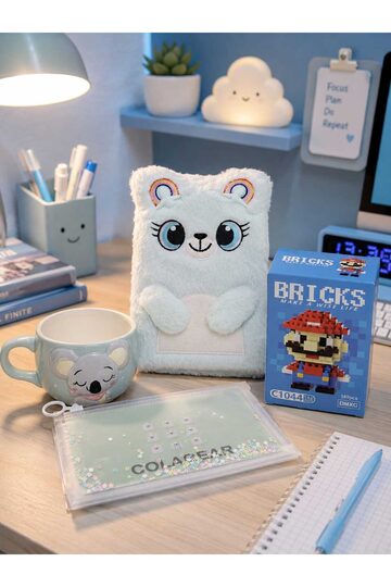 Elieldam Doğum Günü, Özel Gün, Yeni İş, Yeni Ev Hediyesi Koala Kupa, Peluş Defter, Kalem Kutusu ve Mini Blok Seti