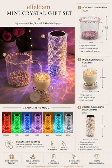 Elieldam Doğum Günü, Özel Gün, Yeni İş, Yeni Ev Hediyesi Kristal Masa Lambası, Soya Mum ve Boncuklu Bardak Seti