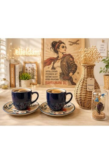 Elieldam Doğum Günü, Özel Gün, Yeni İş, Yeni Ev Hediyesi Lacivert Porselen Kahve Fincanı, Rattan Vazo ve Cam Fanus Süs Seti