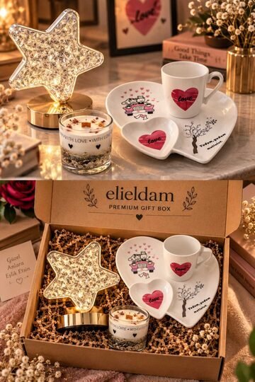 Elieldam Doğum Günü, Özel Gün, Yeni İş, Yeni Ev Hediyesi LED Yıldız Masa Lambası, Büyük Boy Soya Mum, Kalp Detaylı Kupa ve Sunumluk Seti