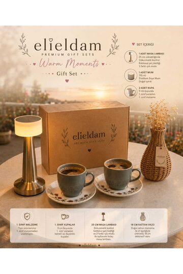 Elieldam Doğum Günü, Özel Gün, Yeni İş, Yeni Ev Hediyesi Masa Lambası, Soya Mum, Porselen Fincan ve Rattan Vazo Seti