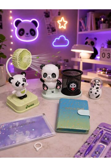 Elieldam Doğum Günü, Özel Gün, Yeni İş, Yeni Ev Hediyesi Panda Mini Vantilatör, Kalemlik, Kar Küresi ve Not Defteri Seti