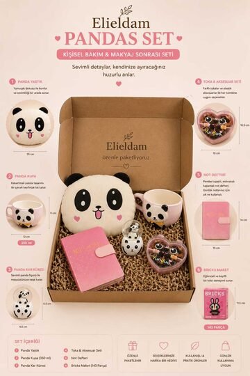 Elieldam Doğum Günü, Özel Gün, Yeni İş, Yeni Ev Hediyesi Panda Yastık, Kupa, Kar Küresi, Defter ve Toka Seti