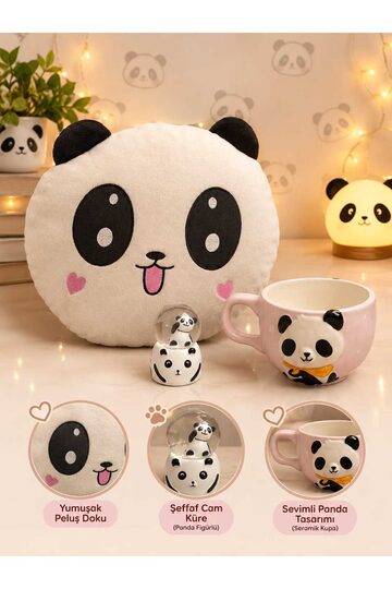 Elieldam Doğum Günü, Özel Gün, Yeni İş, Yeni Ev Hediyesi Panda Yastık, Panda Figürlü Seramik Kupa ve Panda Kar Küresi Seti