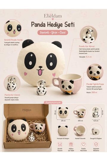Elieldam Doğum Günü, Özel Gün, Yeni İş, Yeni Ev Hediyesi Panda Yastık, Panda Figürlü Seramik Kupa ve Panda Kar Küresi Seti