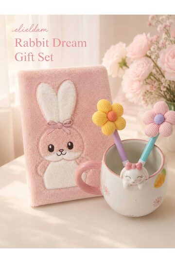 Elieldam Doğum Günü, Özel Gün, Yeni İş, Yeni Ev Hediyesi Peluş Tavşanlı Defter, Porselen Kupa ve Çiçek Kalem Seti