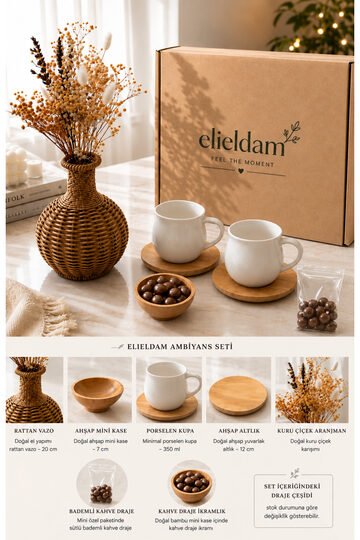 Elieldam Doğum Günü, Özel Gün, Yeni İş, Yeni Ev Hediyesi Rattan Vazo, Fincan ve İkramlık Kase Hediye Seti