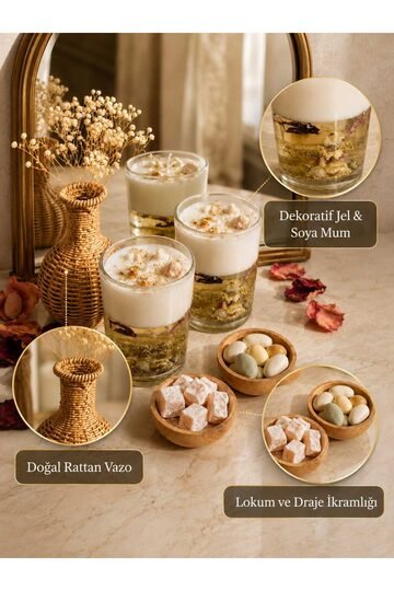 Elieldam Doğum Günü, Özel Gün, Yeni İş, Yeni Ev Hediyesi Rattan Vazo, Jel Soya Mum ve Ahşap İkramlık Seti