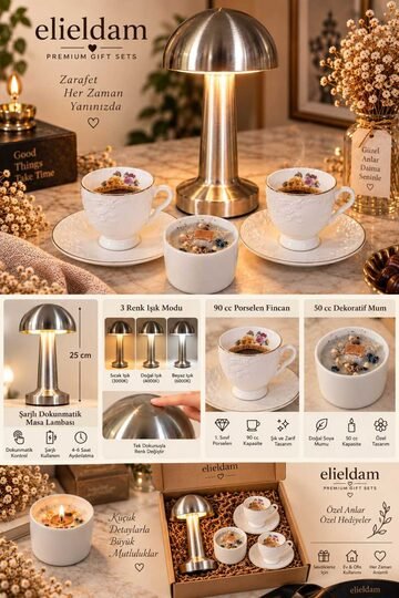 Elieldam Doğum Günü, Özel Gün, Yeni İş, Yeni Ev Hediyesi Şarjlı Masa Lambası, İkili Porselen Fincan ve Dekoratif Soya Mum Seti