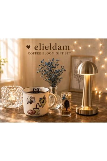 Elieldam Doğum Günü, Özel Gün, Yeni İş, Yeni Ev Hediyesi Seramik Kupa, Cam Vazo, Çiçek Fanusu ve Masa Lambası Seti