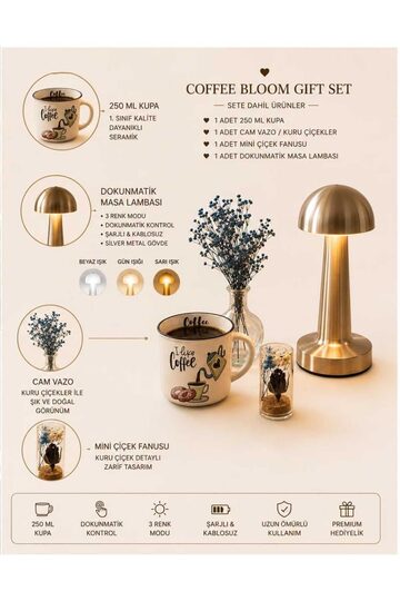 Elieldam Doğum Günü, Özel Gün, Yeni İş, Yeni Ev Hediyesi Seramik Kupa, Cam Vazo, Çiçek Fanusu ve Masa Lambası Seti