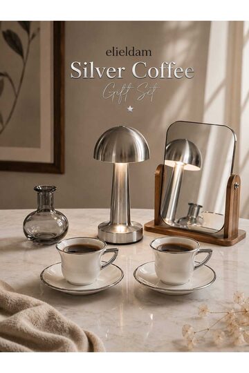 Elieldam Doğum Günü, Özel Gün, Yeni İş, Yeni Ev Hediyesi Silver Detaylı Porselen Fincan, Cam Vazo, Ahşap Ayna ve Masa Lambası Seti