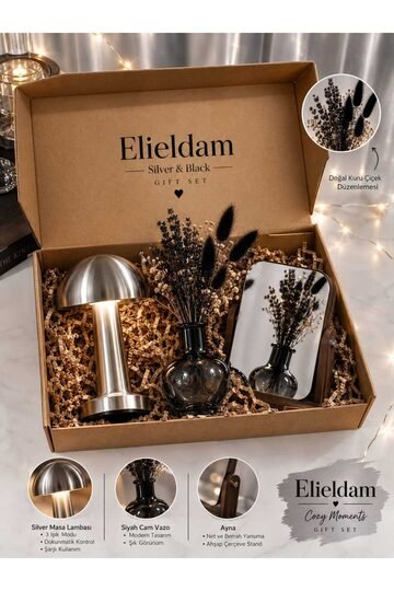 Elieldam Doğum Günü, Özel Gün, Yeni İş, Yeni Ev Hediyesi Silver Masa Lambası, Siyah Cam Vazo, Ahşap Ayna ve Kuru Çiçek Seti