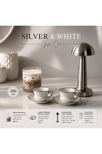 Elieldam Doğum Günü, Özel Gün, Yeni İş, Yeni Ev Hediyesi Silver Şarjlı Dokunmatik Masa Lambası, Fincan, Soya Wax Mum Hediye Seti