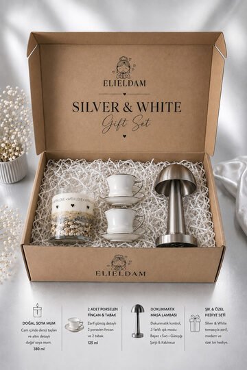 Elieldam Doğum Günü, Özel Gün, Yeni İş, Yeni Ev Hediyesi Silver Şarjlı Dokunmatik Masa Lambası, Fincan, Soya Wax Mum Hediye Seti