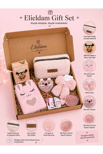 Elieldam Doğum Günü, Özel Gün, Yeni İş, Yeni Ev Hediyesi Teddy Kumaş Kalemlik, Peluş Defter, Saç Fırçası ve Toka Seti
