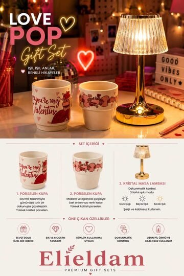 Elieldam Doğum Günü, Özel Gün, Yeni İş, Yeni Ev Hediyesi Valentine Desenli Porselen Kupa ve Kristal Masa Lambası Seti