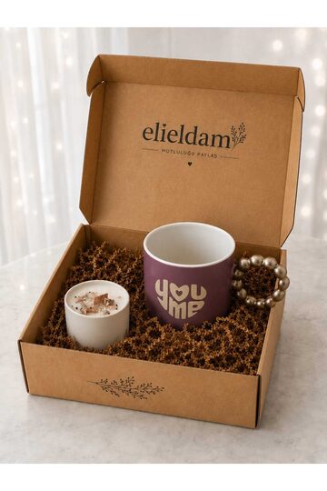 Elieldam Doğum Günü, Özel Gün, Yeni İş, Yeni Ev Hediyesi You and Me Boncuk Kulplu Porselen Kupa ve Porselen Kaplı Mum Seti